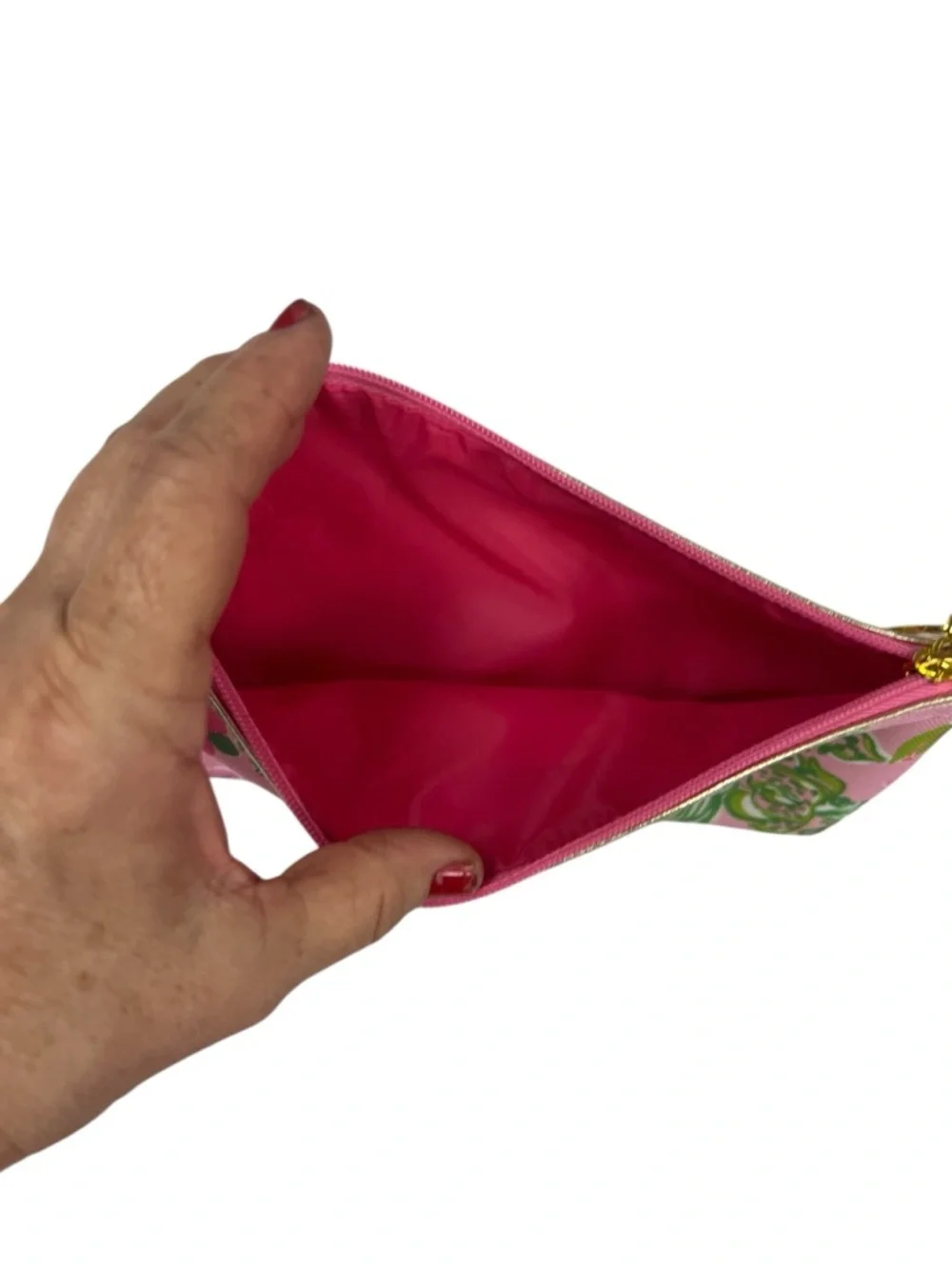 Lilly Pulitzer Pink Floral Cosmetic Pouch with Green Leaves